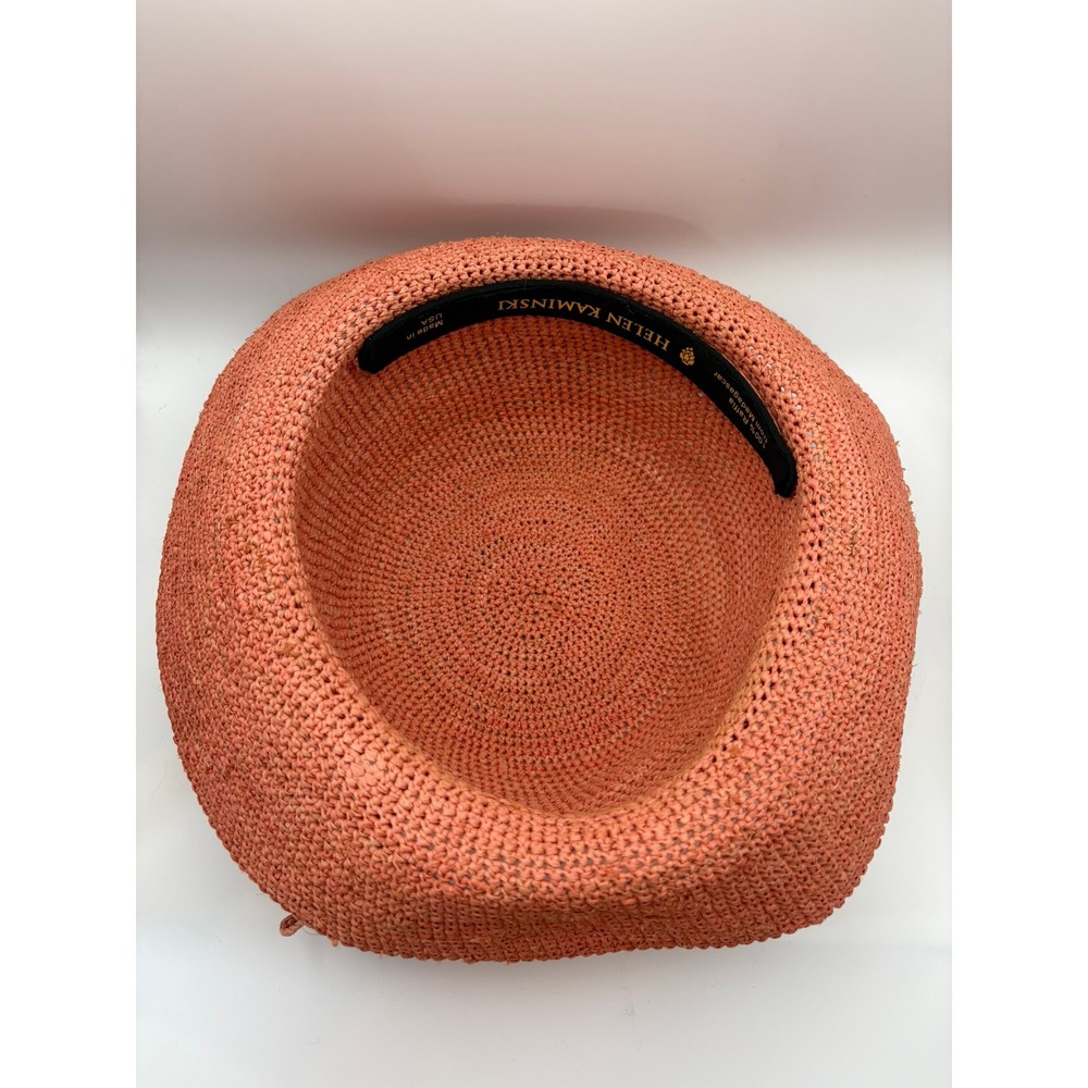 Helen Kaminski Raffia Crochet Sun Hat Coral Pink Wide Brim Made USA Adjustable - Picture 9 of 11